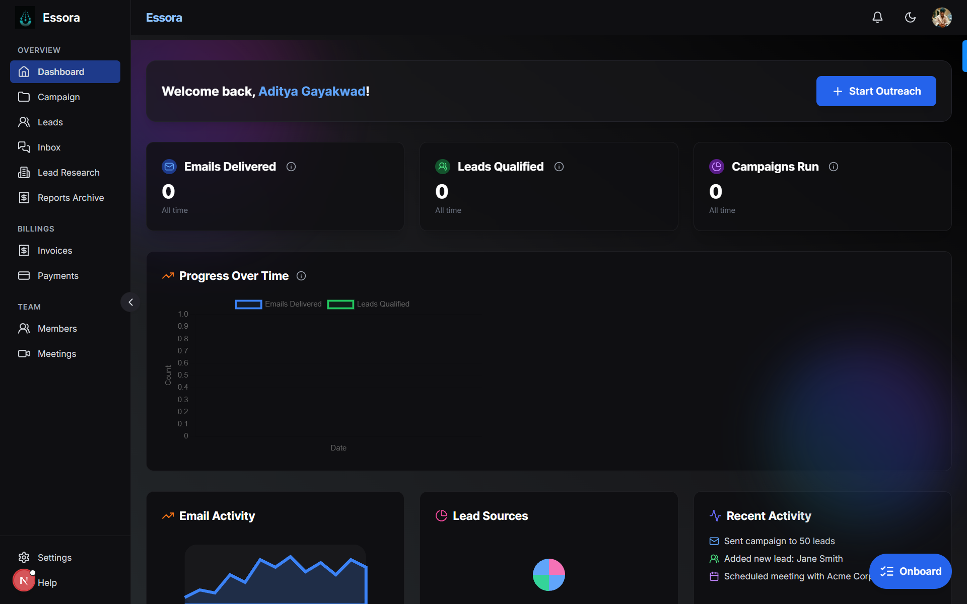 Essora dashboard dark mode